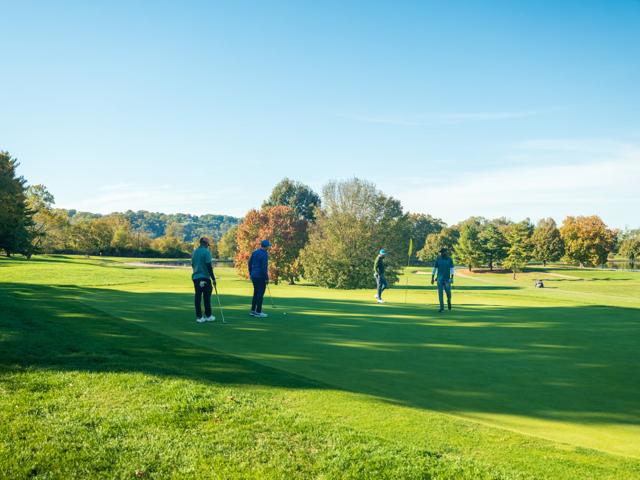 A Pin Seekers player putting on a sunlit green